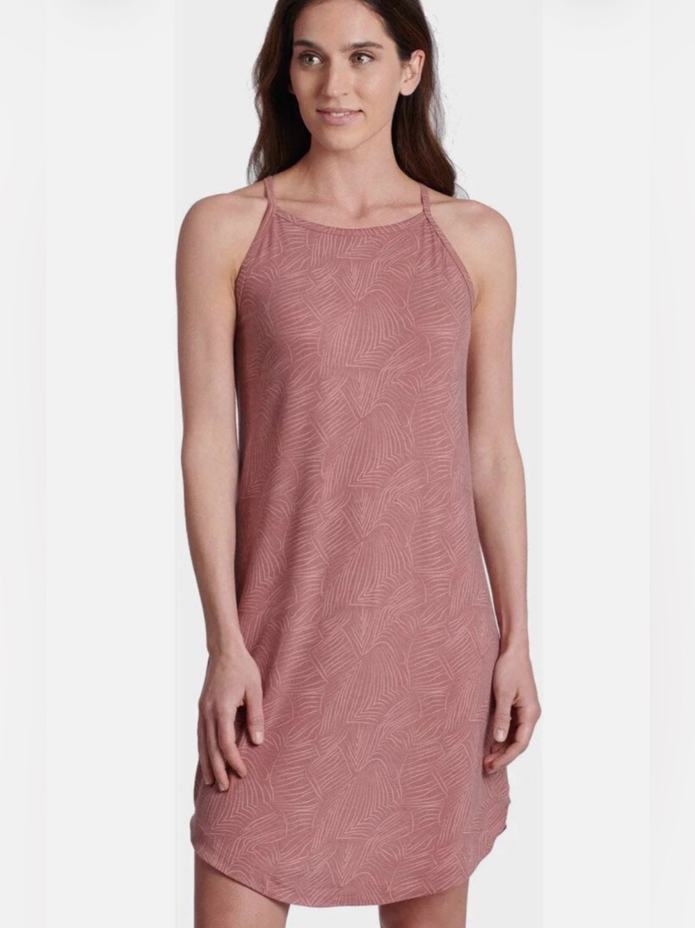 KÜHL Lea Halter Dress Large Rose Pink Palm Tropical Athleisure Hiking